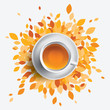 Black tea cup vector illustration. Orange leaves with mug of tea. Health seasonal concept.