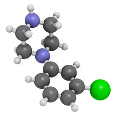 Poster - Meta-chlorophenylpiperazine (mCPP) psychoactive drug molecule. 3D rendering. Atoms are represented as spheres with conventional color coding.