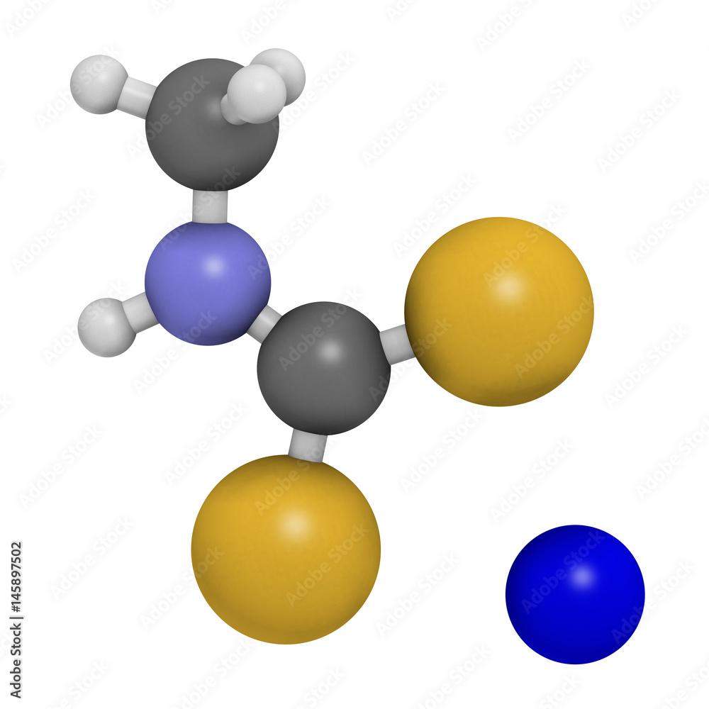 Metam Structure Metam sodium pesticide molecule. 3D rendering. Atoms are represented as ...