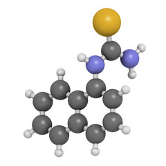 Alpha-naphthylthiourea (ANTU) rodenticide molecule. 3D rendering. Atoms are represented as spheres with conventional color coding: hydrogen (white), carbon (grey), nitrogen (blue), sulfur (yellow).