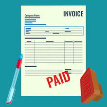 Invoice Vector Bill With Red Paid Stamp Close-up Realistic Illustration.