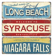 Vintage City Label. Vintage Tin Sign Collection With US Cities. Long Beach. Syracuse. Niagara Falls. Retro Souvenirs Or Postcard Templates On Rust Background.