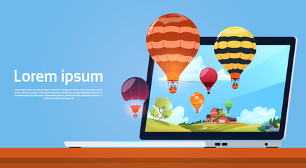 Poster - Modern Laptop Computer With Colorful Air Balloons Flying In Sky Image Flat Vector Illustration