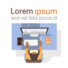 Poster - Businessman Workplace Desk Hands Working Laptop Computer Top Angle View Office Flat Vector Illustration