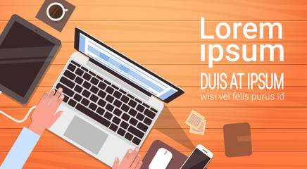 Poster - Businessman Workplace Desk Hands Working Laptop Computer Top Angle View Office Flat Vector Illustration