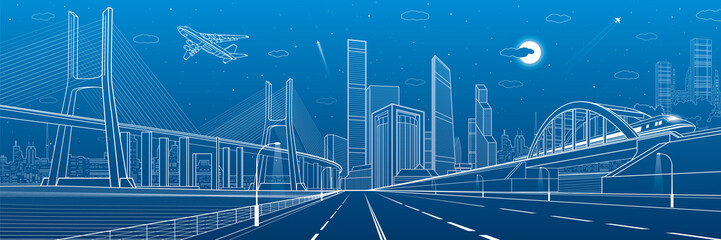 Wall Mural - Infrastructure panorama. Large cable-stayed bridge. Train move on the bridge. Airplane fly. Night modern city on background, towers and skyscrapers, vector design art 