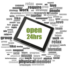 Poster - Security concept. open 24 hours . Tablet Pc. Word cloud collage
