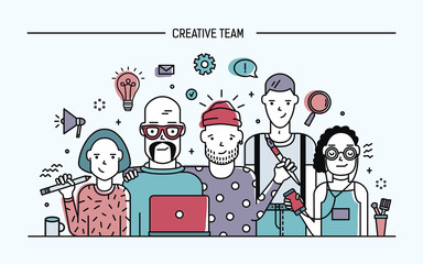 Poster - Creative business team concept. Banner with teamwork command. Young designers, girls and guys cv. Lineart colorful flat illustration.