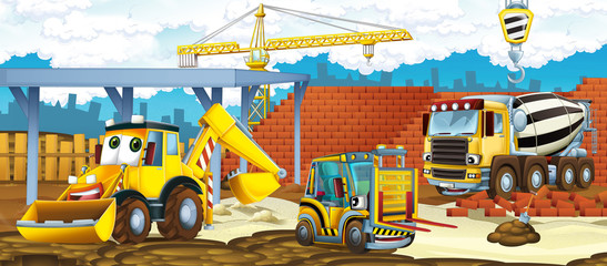 cartoon scene of a construction site with different heavy machines