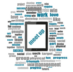 Poster - Text meet up. Business concept . Tablet pc with word cloud collage