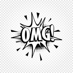 Poster - Isolated abstract black and white color comics speech balloon icon on checkered background, dialogue box with popular expressions, pop art dialog frame vector illustration
