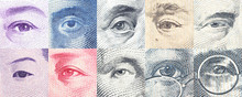 Portraits / Images / The Eyes Of Famous Leader On Banknotes, Currencies Of The Most Dominant Countries In The World I.e. Japanese Yen, US Dollar, Chinese Yuan, Australian Dollar. Financial Concept.