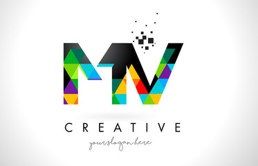 MV M V Letter Logo with Colorful Triangles Texture Design Vector.