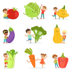 Sticker - Cute little children having fun and playing with big vegetables, set for label design. Colorful cartoon characters detailed vector Illustrations