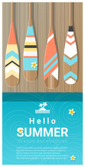 Hello summer background with colorful canoe paddles on wooden pier , vector , illustration