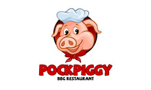 Pock Piggy Vector Logo Cartoon Character. A Cute And Modern Pork Barbeque Logo Illustration. This Could Be Used In Barbeque Stations, Outdoor Bbq, Grill, Restaurant, Steakhouse And Etc.