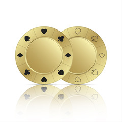 Two gold casino chips with reflection isolated on white background, vector illustration