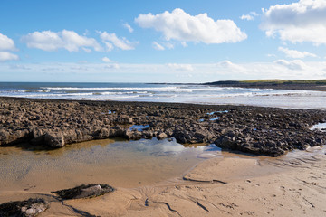 Poster - The rocky shore and sandy beach at Embleton Bay, Northumberland, England, UK