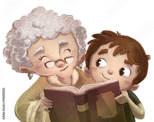 Plakat chłopiec czyta książkę z babcią