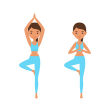 Woman Standing In Yoga Pose Tree. Vector Illustration.