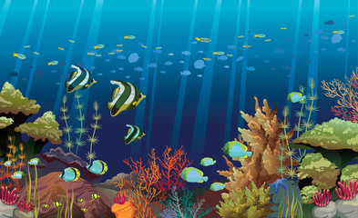 coral reef with underwater creatures.