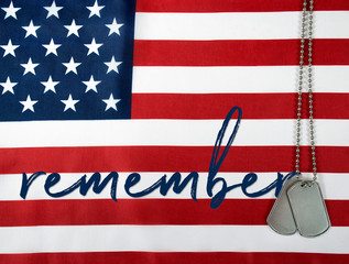 Wall Mural - word remember and military dog tags on American flag