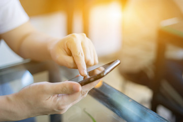 Poster - Online banking payment communication network technology internet wireless tools development mobile smartphone sync app: Business woman holding smart phone for  online or shopping payment,vintage color