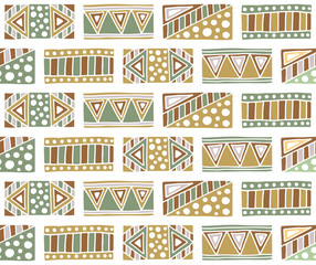 Wall Mural - Seamless vector pattern. Geometrical background with hand drawn decorative tribal elements in vintage brown colors. Print with ethnic, folk, traditional motifs. Graphic vector illustration.