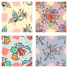 Vector seamless floral pattern with butterfly flowers, leaves, decorative elements, splash, blots, drop Hand drawn contour lines and strokes Doodle sketch style, graphic vector drawing illustration