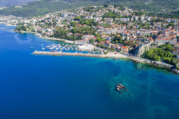 Top view of the beautiful city with a marina