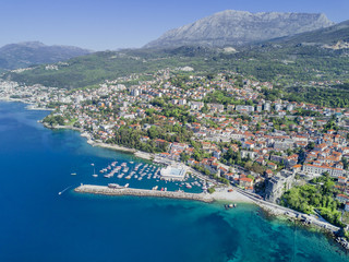 Top view of the beautiful city with a marina