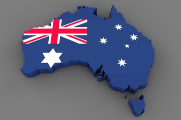 Wall Mural - Country shape of Australia - 3D render of country borders filled with colors of Australia flag isolated on grey background