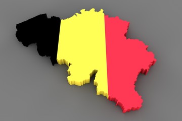 Wall Mural - Country shape of Belgium - 3D render of country borders filled with colors of Belgium flag isolated on grey background