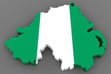 Wall Mural - Country shape of Nigeria - 3D render of country borders filled with colors of Nigeria flag isolated on grey background