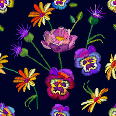 Wall Mural - Seamless floral pattern with embroidered pansies and chamomiles.