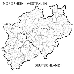  Detailed map of the Federal State of North Rhine Westphalia (Germany) with borders of municipalities, subdistricts, districts, and provinces. Vector illustration