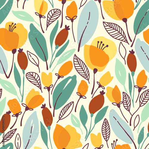 Naklejka dekoracyjna Seamless floral pattern with yellow flowers and leaves. Vector illustration