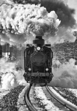 Historic Locomotive Leaving The Station. Retro Train On The Rails. Sky Full Of Smoke. Image In Black And White.