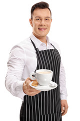 Sticker - Young waiter offering a cup of coffee