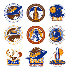 Wall Mural - astronaut flight, aviation, space shuttle and rockets vintage vector labels, logos, badges, emblems