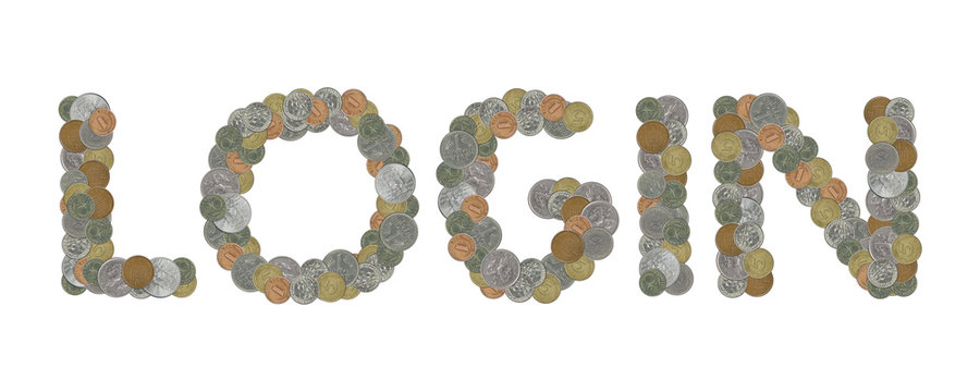 LOGIN – Coins on white background