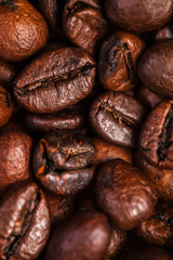 Poster - Coffee beans background macro. Dark Roasted coffee beans textured wallpaper for your design with copy space.