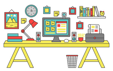 Aufkleber - Vector illustration of a computer placed on an office desk. Flat color line style.