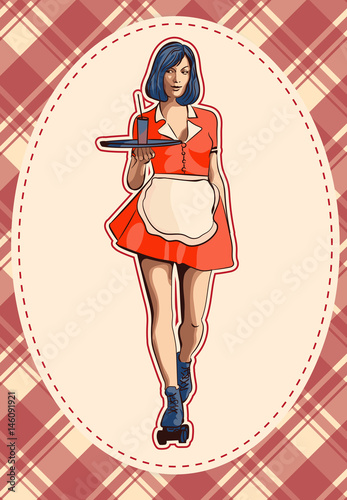 Fototapeta na wymiar Waitress with a tray on roller skates, vector art. Waitress from a diner. Short skirt.