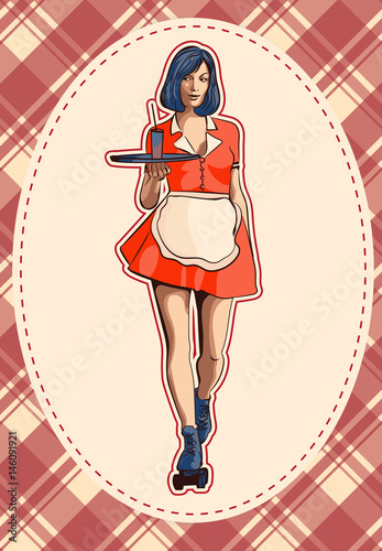 Nowoczesny obraz na płótnie Waitress with a tray on roller skates, vector art. Waitress from a diner. Short skirt.