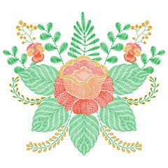 Wall Mural - Embroidery stitches with orange rose flowers, grass, branches. Vector fashion embroidered ornament  for textile, fabric traditional folk floral decoration.