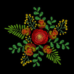 Wall Mural - Embroidery stitches with orange spring flowers, wildflowers, rose, grass, branches. Vector fashion embroidered ornament on black background for textile, fabric traditional folk floral decoration.