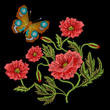 Embroidery Stitches With Red Poppy Wild Flowers, Peacock Butterfly, Fashion Patch. Vector Embroidered Ornament On Black Background For Traditional Folk Floral Decoration, Ethnic Pattern.
