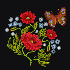 Wall Mural - Embroidery stitches with red poppy wild flowers, forget me not, peacock butterfly, fashion patch. 