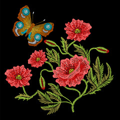 Wall Mural - Embroidery stitches with red poppy wild flowers, peacock butterfly, fashion patch. Vector embroidered ornament on black background for traditional folk floral decoration, ethnic pattern.